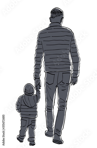 Vector image of silhouettes father and his baby walking on a stroll