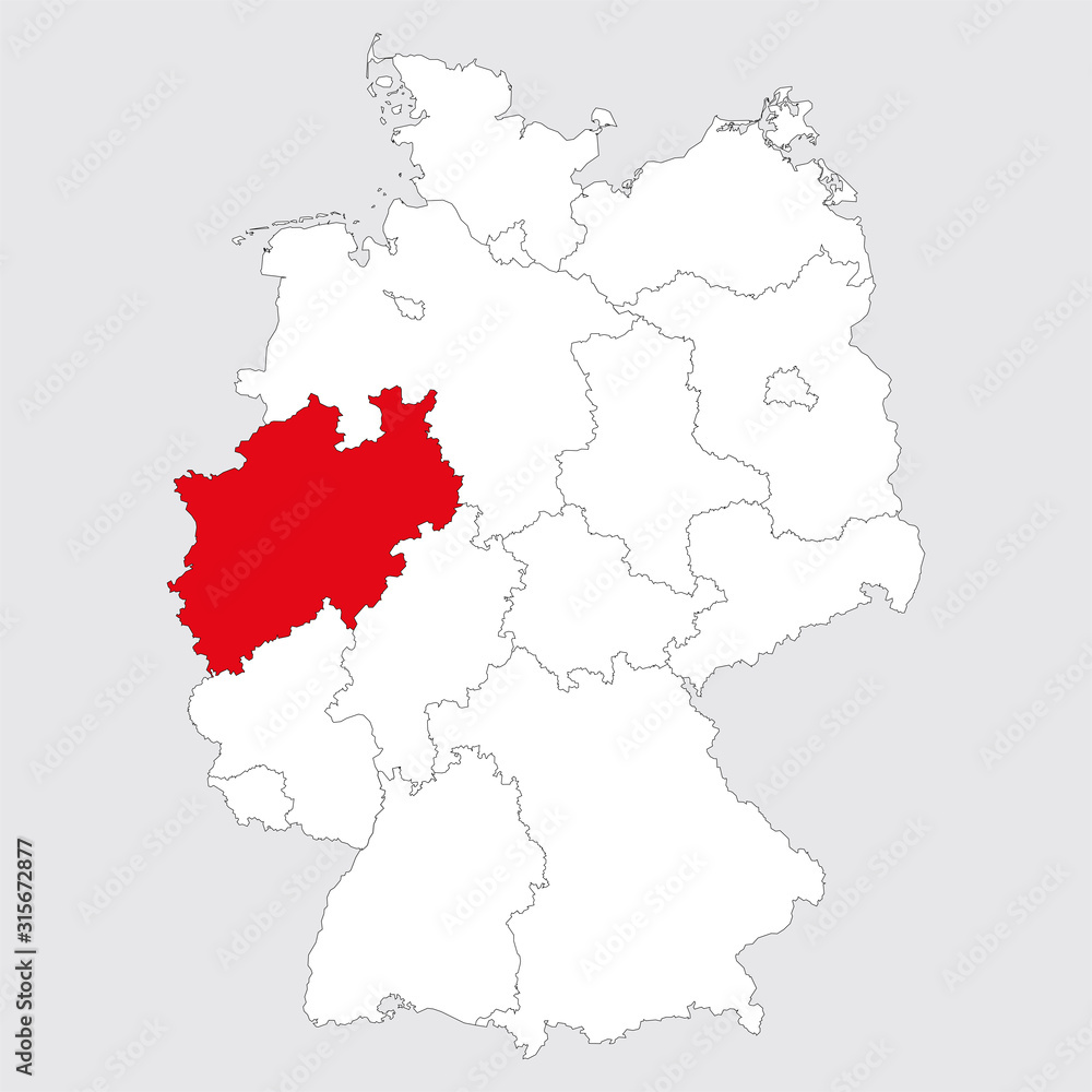 North rhine-westphalia province highlighted germany map. Gray background. German political map.