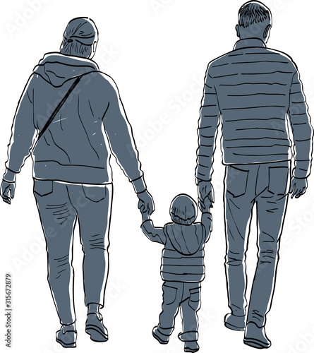 Vector image of young parents with their baby walking along street