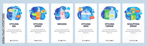 Body care, makeup and cosmetics, styling gel, mousse, wax, cream. Mobile app onboarding screens. Menu vector banner template for website and mobile development. Web site design flat illustration