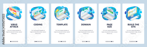 Cyber security, virus attack, coding, domain, isometric icons. Mobile app onboarding screens. Menu vector banner template for website and mobile development. Web site design flat illustration