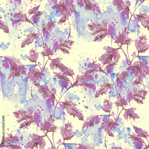 Watercolor abstract seamless background, pattern, spot, splash of paint, blot, divorce, color. Green leaves  of a mint, rosemary, cilantro, salad, celery, parsley. Tropical green leaves.