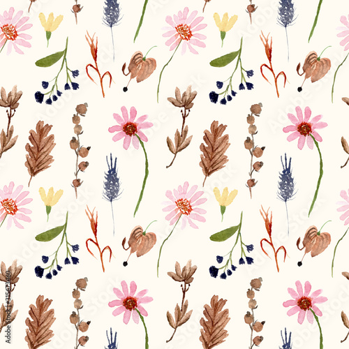 fresh and dried flower watercolor seamless pattern