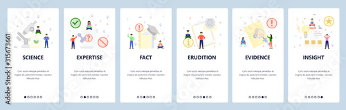 Science and education icons. Mobile app onboarding screens. Menu vector banner template for website and mobile development. Web site design flat illustration