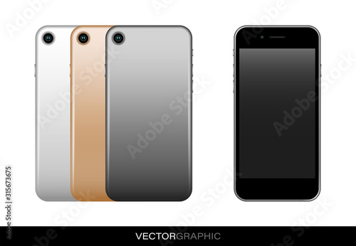 Mock up of a modern gadget with the screen off. Realistic template. Front and back views. Isolated vector objects.