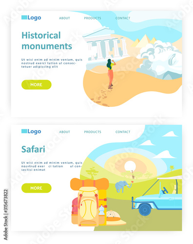 Adventure travel concept. Ancient ruin landmark. Safari in africa. Vector web site design template. Landing page website concept illustration
