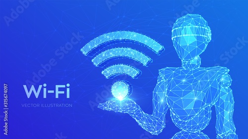Wi-Fi. Low poly abstract Wi Fi sign. Wlan access, wireless hotspot signal symbol. Mobile connection zone. Data transfer. Abstract 3d low polygonal robot holding WiFi icon. Vector illustration.