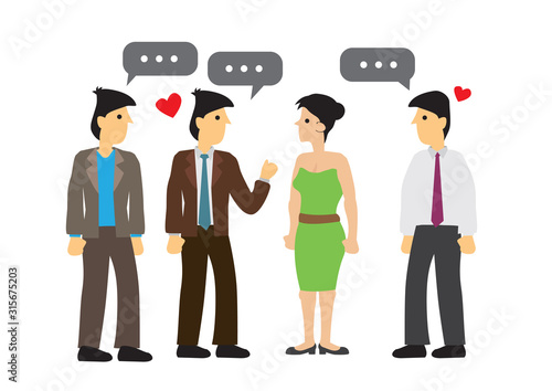 Attractive sexy woman surrounded by guys. Concept of flirting and searching for love.