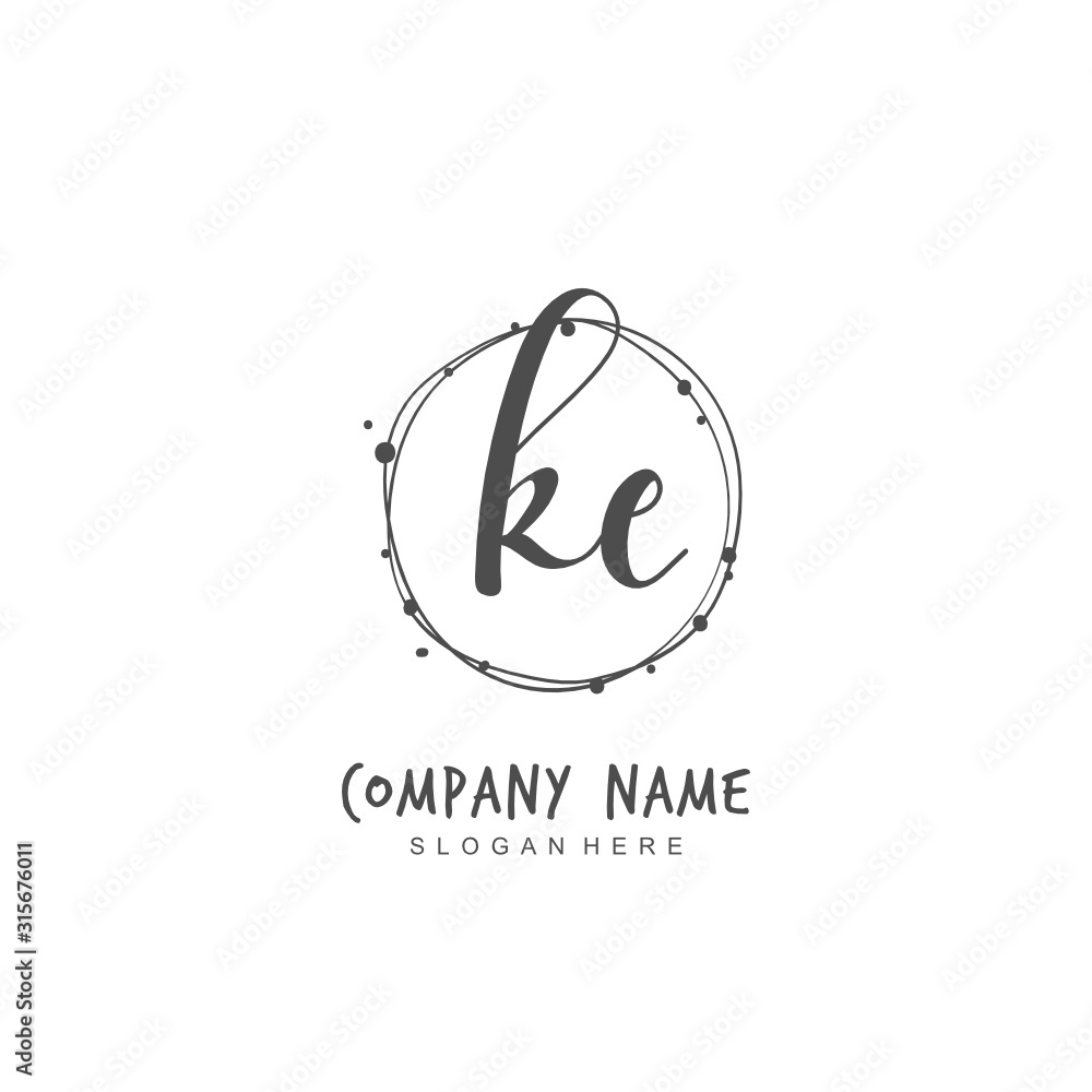 Handwritten initial letter K E KE for identity and logo. Vector logo template with handwriting and signature style.