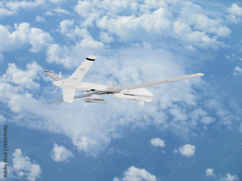 military UAV airplane drone flies against backdrop of beautiful clouds on blue sky background military UAV airplane drone flies against backdrop of beautiful clouds on blue sky background
