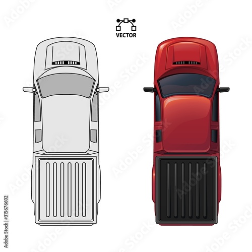 car top view sketch contour shape and red color pickup , for parking scheme or architecture presentation , actual proportion size. Black isolated on white vector, popular brand Ford F150, common model