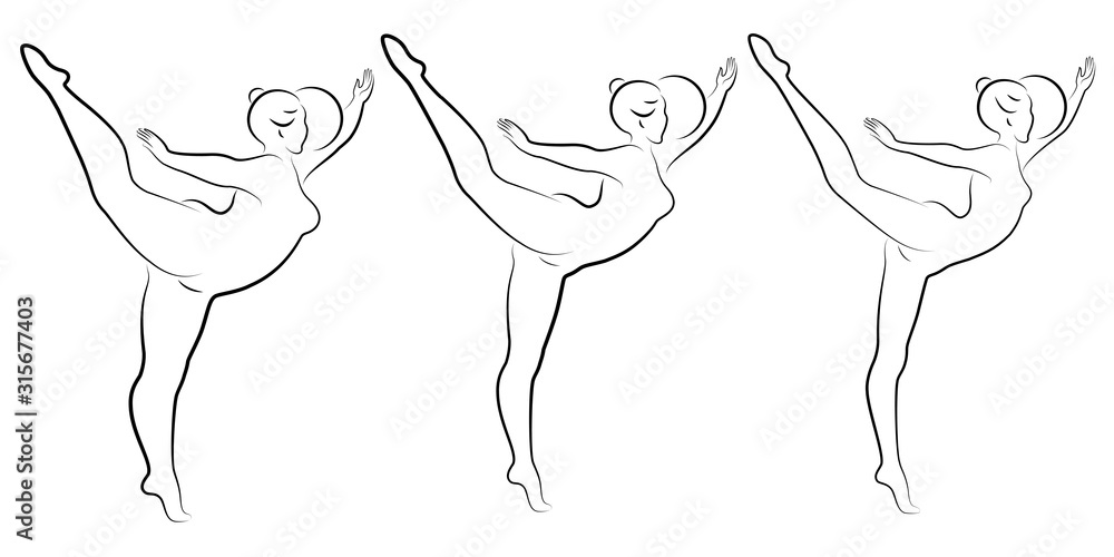 Collection. Silhouette of a cute lady, she is engaged in rhythmic gymnastics with a ball. The woman is overweight and a slender girl athlete. Vector illustration set Collection. Silhouette of a cute lady, she is engaged in rhythmic gymnastics with a ball. The woman is overweight and a slender girl athlete. Vector illustration set