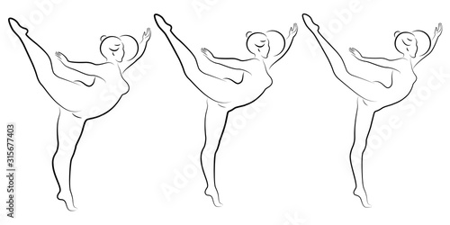 Collection. Silhouette of a cute lady, she is engaged in rhythmic gymnastics with a ball. The woman is overweight and a slender girl athlete. Vector illustration set