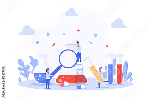 concept of laboratory research with tiny people holding magnifying glass and chemical beaker, flat vector illustration for web, landing page, ui, banner, editorial, mobile app and flyer