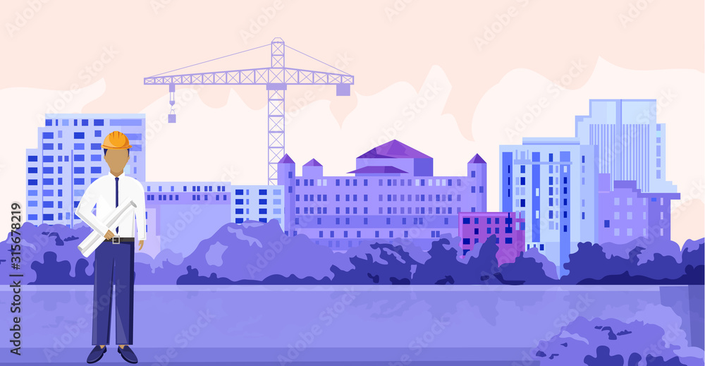 Architect sitting in front of buildings and crane