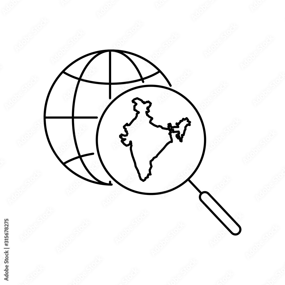 Magnifying glass showing India on globe. Outline thin line flat illustration. Isolated on white background. Magnifying glass showing India on globe. Outline thin line flat illustration. Isolated on white background.