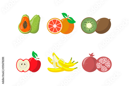 Fototapeta Naklejka Na Ścianę i Meble -  Papaya, grapefruit, kiwi, apple, banana, pomegranate on white background. Whole and halved fruits