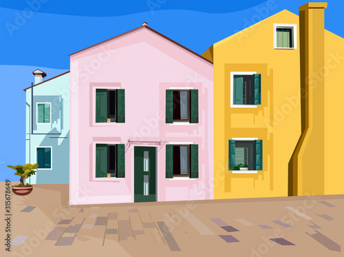 Colorful pink, blue and yellow buildings. Minimalistic style. Facade vectors