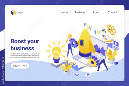 Business boost isometric landing page vector template. Businesspeople, male and female entrepreneurs faceless characters. Project development, company promotion web banner homepage design layout