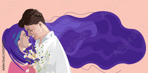 Romantic composition of young couple smiling at each other