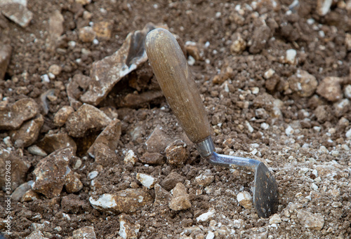 Archeologists trowel in a dig 