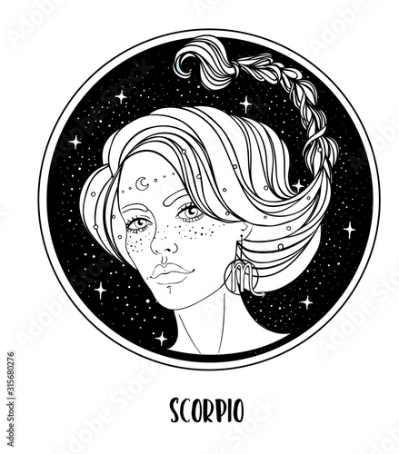 Illustration of Scorpio astrological sign as a beautiful girl. Zodiac vector drawing isolated in black and white. Future telling, horoscope, alchemy, spirituality. Coloring book for adults.