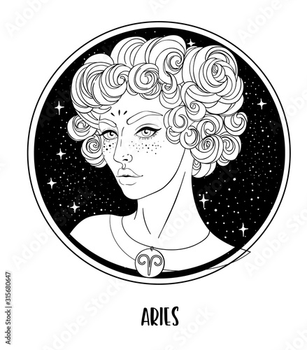 Illustration of Aries astrological sign as a beautiful girl. Zodiac vector drawing isolated in black and white. Future telling, horoscope, alchemy, spirituality. Coloring book for adults.