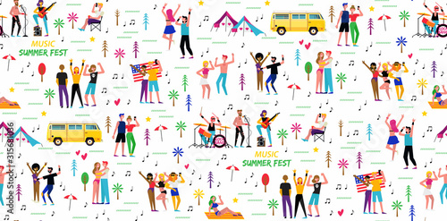 Seamless pattern for the music summer festival. Open-air live performance in the outdoor suburban landscape.