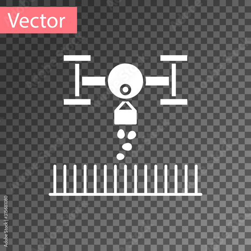 White Smart farm with drone control for seed planting icon isolated on transparent background. Innovation technology for agricultural company. Vector Illustration