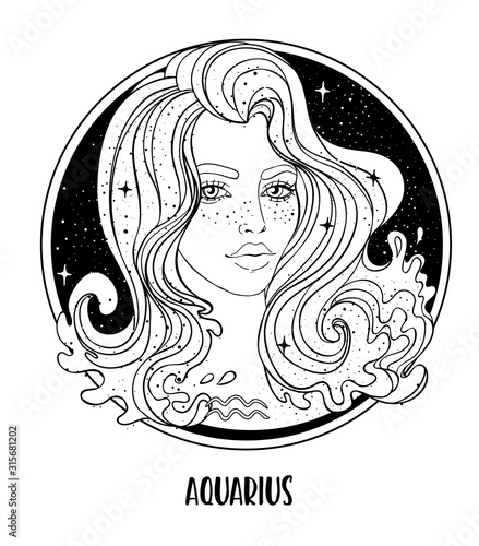 Illustration of Aquarius astrological sign as a beautiful girl. Zodiac vector drawing isolated in black and white. Future telling, horoscope, alchemy, spirituality. Coloring book for adults.