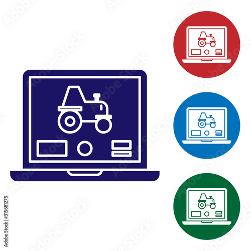 Blue Laptop application for control a autonomous tractor on a smart farm icon isolated on white background. Smart agriculture implement. Set color icons in circle buttons. Vector Illustration