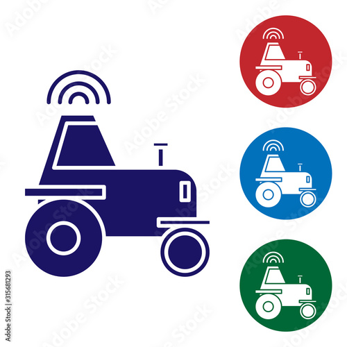 Blue Self driving wireless tractor on a smart farm icon isolated on white background. Smart agriculture implement element. Set color icons in circle buttons. Vector Illustration
