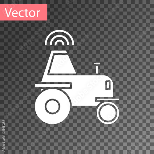 White Self driving wireless tractor on a smart farm icon isolated on transparent background. Smart agriculture implement element. Vector Illustration