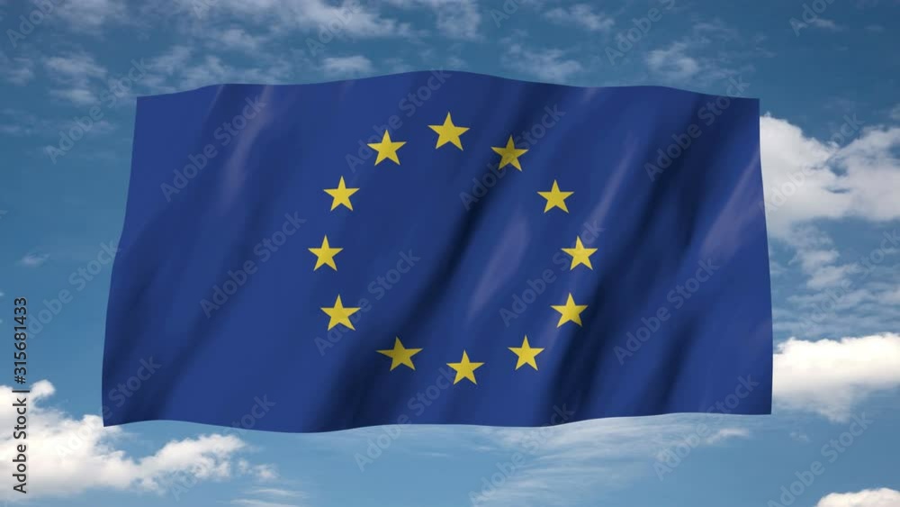 The European flag in 3d, waving in the wind, on sky background. The European flag in 3d, waving in the wind, on sky background.