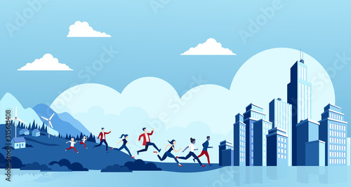 Vector of people running away from countryside to a big modern city photo