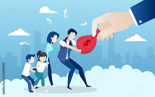 Vector of a businessman pulling sack of money from a family .