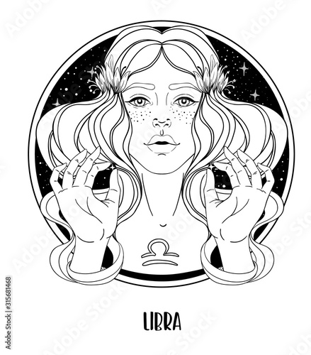 Illustration of Libra astrological sign as a beautiful girl. Zodiac vector drawing isolated in black and white. Future telling, horoscope, alchemy, spirituality. Coloring book for adults.