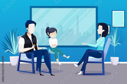 Vector of a father and his child sitting on a chair and talking with psychotherapist.