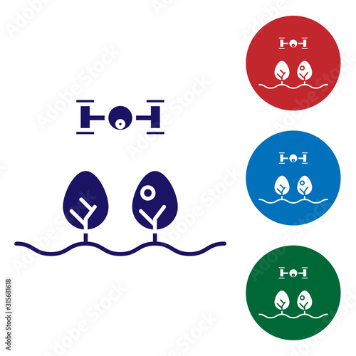 Blue Smart farm with drone control and tree icon isolated on white background. Innovation technology for agricultural company. Set color icons in circle buttons. Vector Illustration