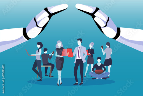 Vector of business people using mobile devices being protected by robot hands
