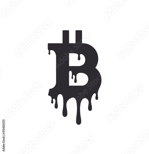 Cheapen Bitcoin. Current Bitcoin. Bitcoin icon, vector sign, payment symbol, coin logo. Paint dripping. Dripping liquid. Paint flows. Crypto currency, internet money. Current drops. 