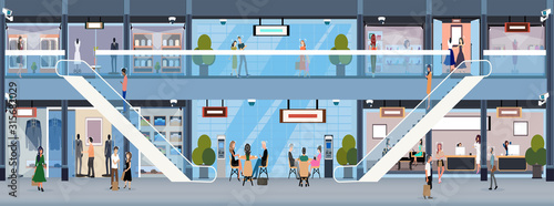 Vector of a shopping mall with security cameras tracking customers