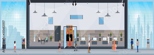 Leinwand Poster Vector of a bank office with clients and employees working inside