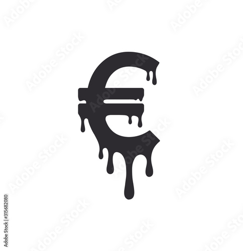 Euro symbol melting. Current euro. Paint dripping. Dripping liquid. Paint flows. Current paint, stains. Current drops. Current inks. Vector illustration. Color easy to edit. Transparent background.