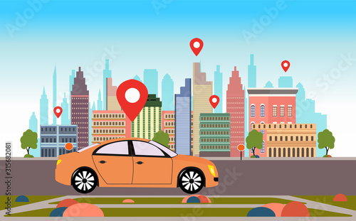 Vector of a car with location pin on a road