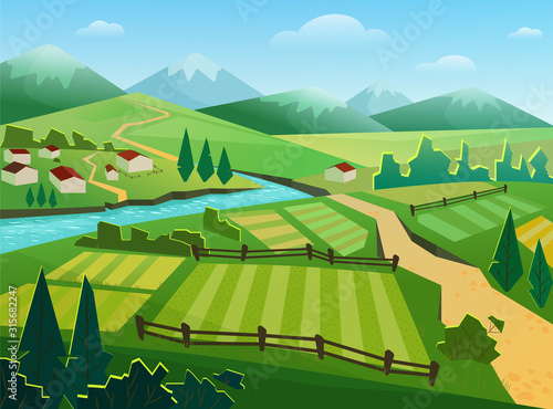 Green fields and mountains flat vector illustration. Rural landscape, countryside, village, small houses, cottages by river. Nature, ecologically clean region, hilly terrain, grassland and riverside