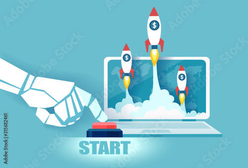 Vector of a robot hand pushing the start button to launch rockets from laptop