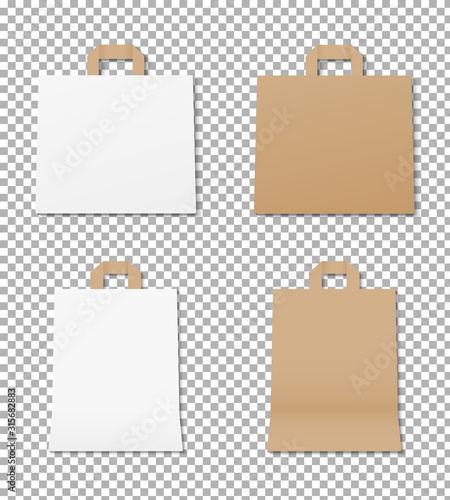 Realistic paper bag set. Empty shopping bag mockup. Paper shopping bag packaging. Mockup isolated. Template design. Realistic vector illustration.