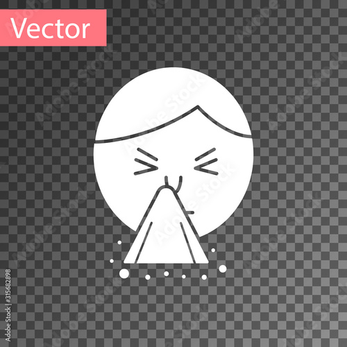 White Man holding handkerchief or napkin to his runny nose icon isolated on transparent background. Coryza desease symptoms. Vector Illustration