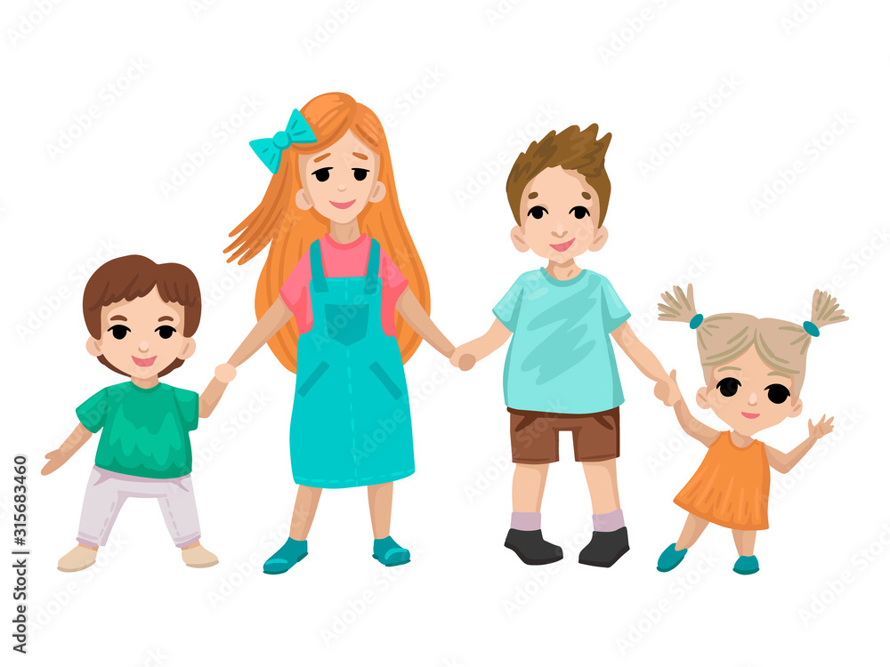 Children stand and hold hands. Schoolchildren and kindergarten. Vector characters Children stand and hold hands. Schoolchildren and kindergarten. Vector characters